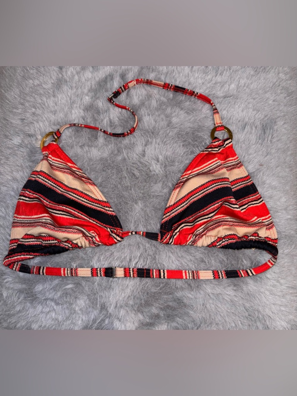 Jennifer Lopez Red & Black Striped Triangle Bikini Top